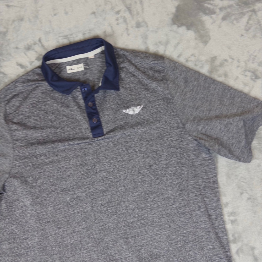 KJUS Polo Shirt Mens XL Grey Navy Blue Heathered UPF 50 Golf Activewear Top - Picture 2 of 7